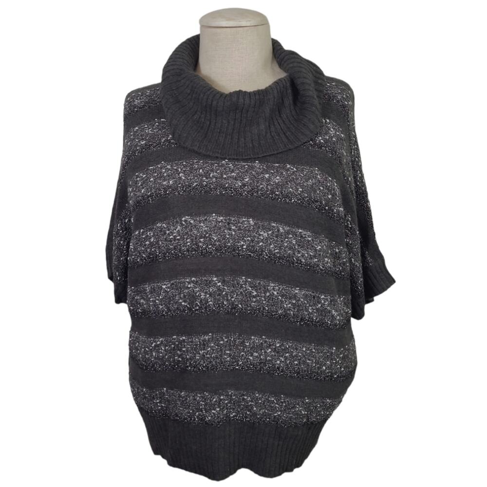 AGB SZ 1X Sweater Grey Metallic Striped Cowel Neck Short Sleeve